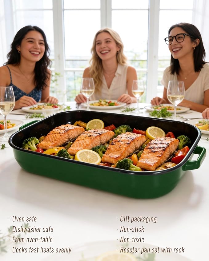 Roasting Pan with Rack & Handles 6-Piece Large 14&17 Inch Roaster Dishes, 572°F High Temperature Resistance Oven Dishwasher Safe Non-Stick Deep Lasagna Baking Pan Mother Day Gift Enamel Bakeware