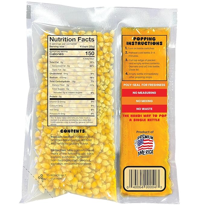 Handi-Pak Gourmet Popcorn Kit, 24 Pre-Portioned Packs for 8 oz Poppers, Popcorn Machine, Movie Theater Style, Butter Coconut Oil, Packet with Kernels & Seasoning
