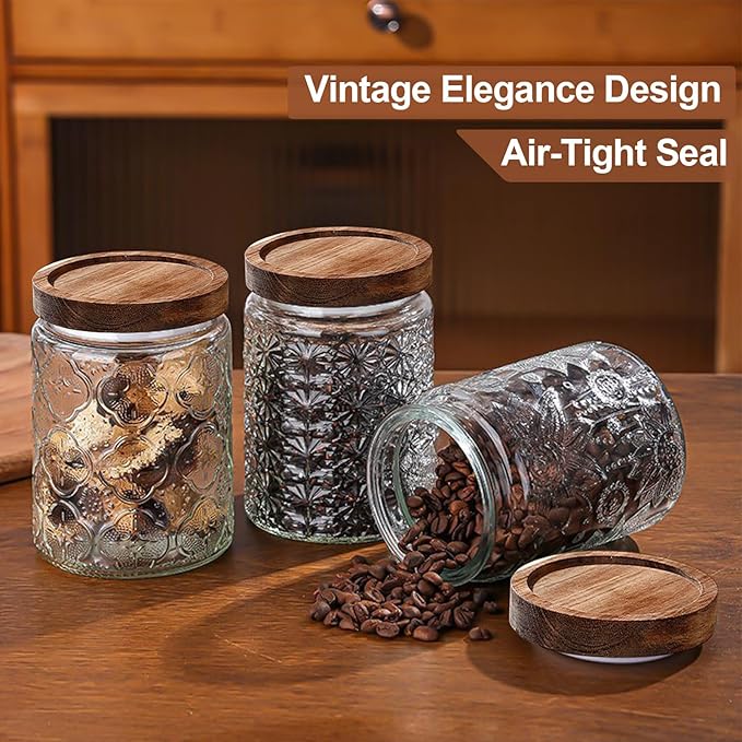 2-Pack 24 OZ Vintage Glass Jar with Lid, Airtight Food Storage Canisters with Bamboo for Kitchen Counter Pantry, Ideal for Coffee, Candy, Tea, Oats, Sugar, Cookies Decorative Jars
