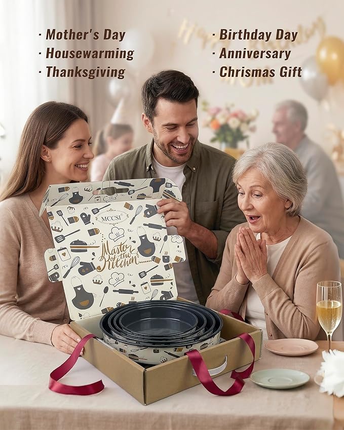 Round Baking Pan Enamel Roasting Dish 4-Pack 9/10/12/14 Inches Non Stick High Temperature Resistance Cookware for Cake Pie Pizza & Meat, Oven Dishwasher Safe Mother Day Gift Bakeware Set
