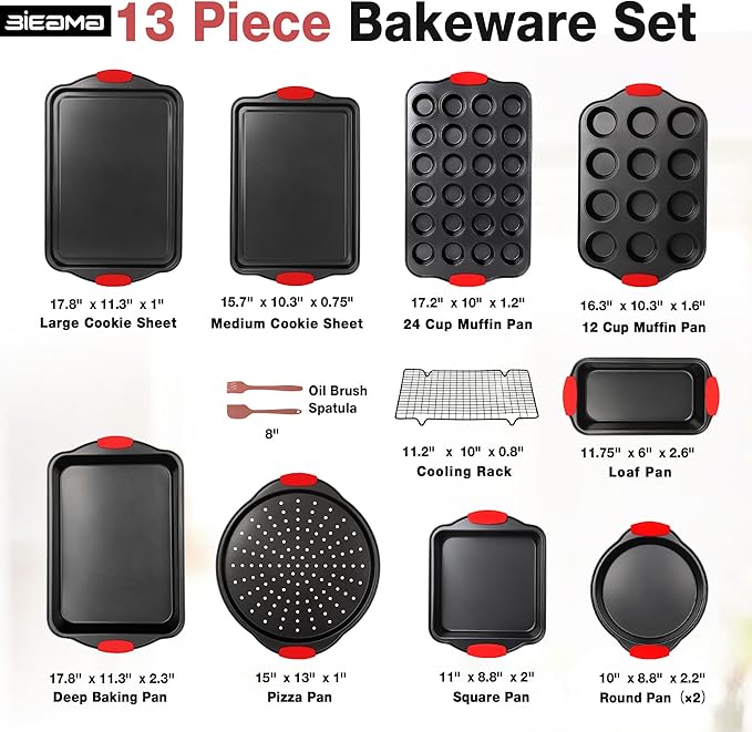 BIEAMA 13-Piece Baking Pans Sets, Nonstick Bakeware Sets, BPA-Free Carbon Steel Stackable, Cookie Sheet, Cake, Loaf, Pizza & Muffin Pan, Grey