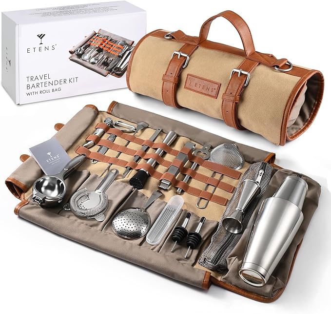 Etens Bartender Travel Kit with Waxed Bag | 22 Piece Bar Set in Roll | Portable Cocktail Tools for Home & Travelling Bartending – Professional Boston Shakers, Unbreakable Melon Squeezer, Accessories