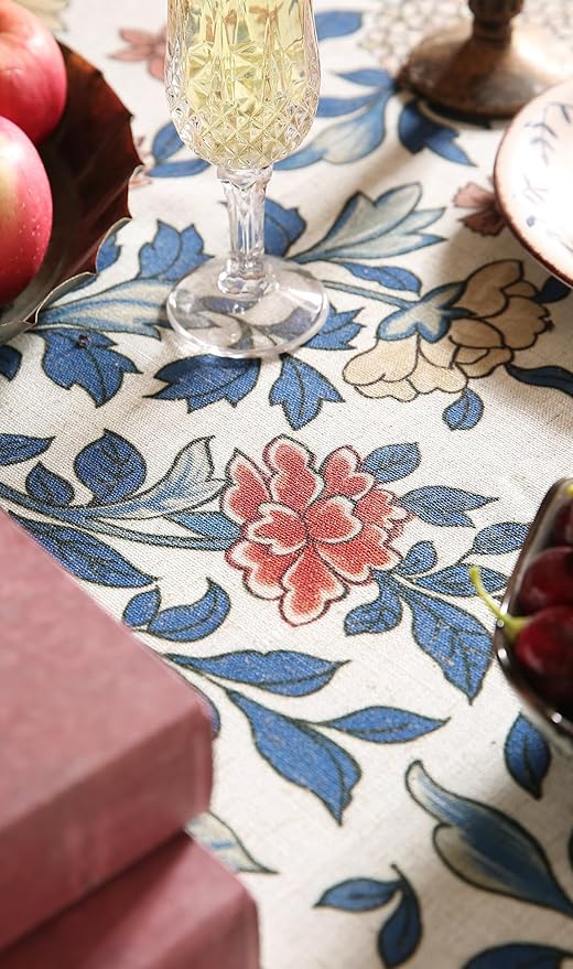 patdrea Designer Blue Tablecloth for Rectangle Table,Vintage Linen with Leaves and Floral Pattern Tablecloths,Farmhouse Decor Cover for Kitchen Dining Christmas,Thanksgiving,55"x87"-Ivar a
