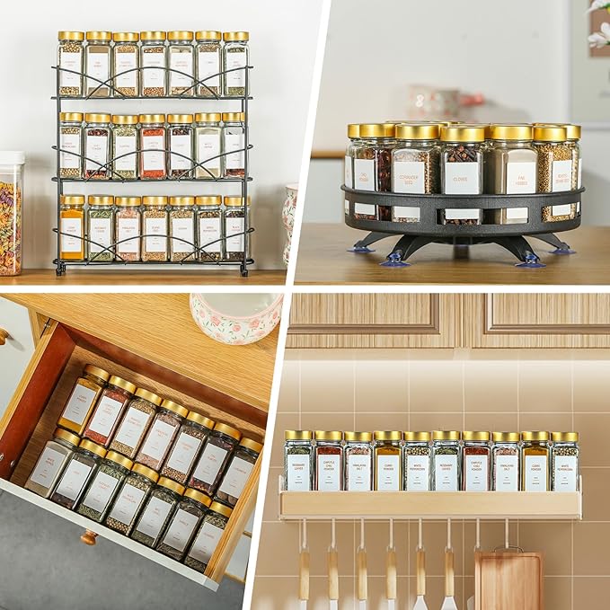Gold Spice Jars with Label，4oz Seasoning Containers, Glass Spice Bottles with Shaker Lids,Funnel, Chalk Pen for Cabinet，Drawer，Rack (48)