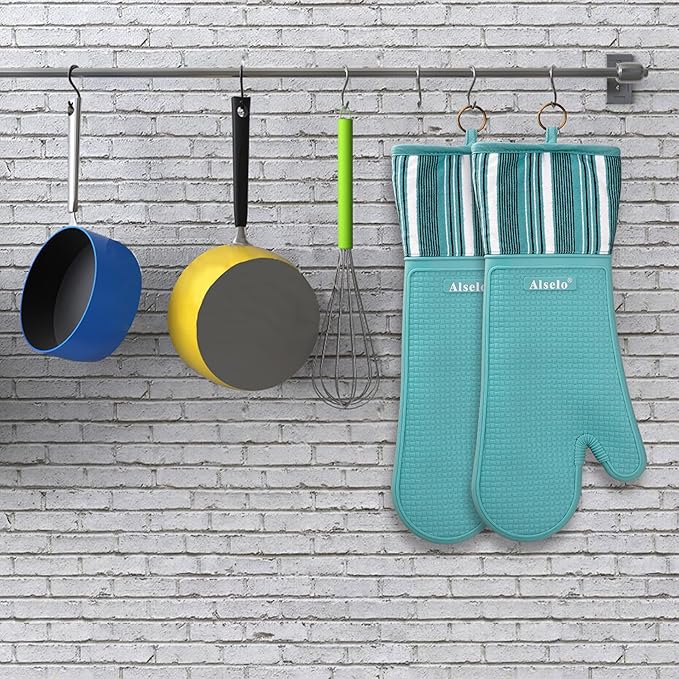 Alselo Silicone Oven Mitts Heat Resistant 550 Degree Extra Long Kitchen Gloves Pot Holders with Waterproof and Non-Silp for Baking Cooking Barbecue Microwave Machine Washable (Extra Long Blue, 2)