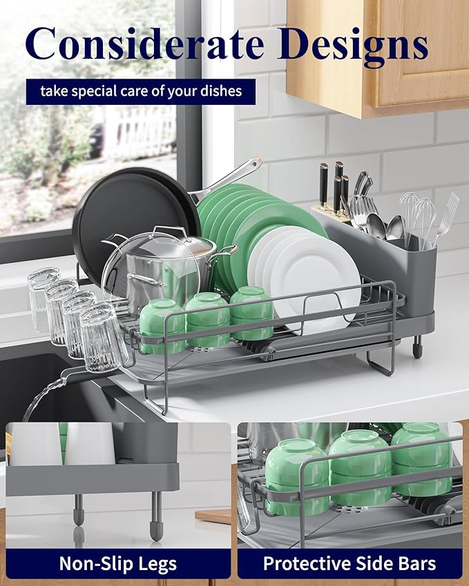 Kitsure Extendable Dish Drying Rack, Large Drying Dish Rack with Cutlery & Cup Holders, Multifunctional Dish Racks for Counter with Drainage, 18.2"-25.7" L x 12.9" W, Grey