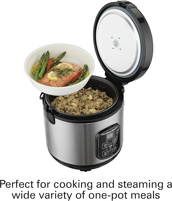 Hamilton Beach Electric Indoor Searing Grill, 6-Serving, Extra-Large Drip Tray, Stainless Steel (25361) & Digital Programmable Rice Cooker & Food Steamer, 8 Cups Cooked (4 Uncooked), Stainless Steel