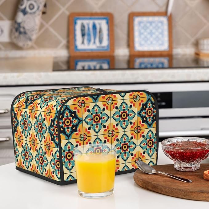 Brown Boho Tile Covers for 4 Slice Toasters,Cute Country Bread Machine Cover with Handle,Washable Stain Resistant Kitchen Small Appliance Cover Dining Decor