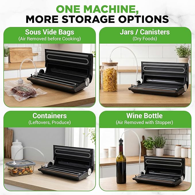NutriChef Vacuum Sealer Machine, 80kPa Food Vacuum Sealer with Cutter, Bag Storage, Suction Hose, 1 Bag Roll & 5 Vacuum Bags to Ensure Freshness, Suitable for Freezer Meal Prep & Portioning 14"x7"x3"