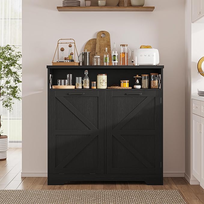 Befrases Tilt Out Trash Can Cabinet for 13 * 1 Gallon Trash Can, Farmhouse Kitchen Island Cabinet with Adjustable Shelf for Hidden Laundry Basket, Dog Proof Garbage Can for Dining Living Room, Black