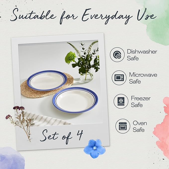 Portmeirion Potter's Stripe Dinner Plate (Set of 4) - 10.5" Earthenware Plates with Classic Striped Rim - Microwave, Dishwasher, Freezer, Oven Safe - Ideal Modern Dinnerware Set (Blue Stripe)