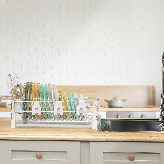 Simple Houseware White Dish Drying Rack with Drainboard, Utensil Holder & Mug Hooks – Metal Kitchen Counter Organizer