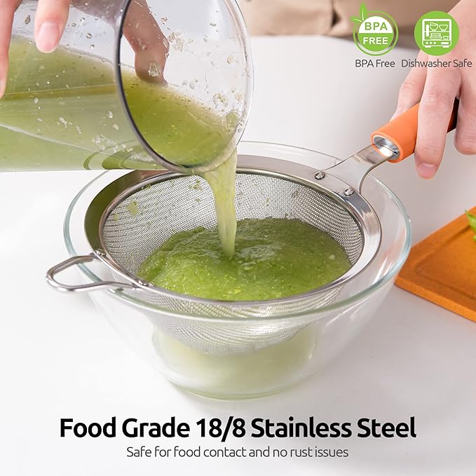 U-Taste 10 Piece Measuring Cups and Spoons Set in 18/8 Stainless Steel, and 18/8 Stainless Steel 5.5 inch 30 Mesh Strainer (Orange)