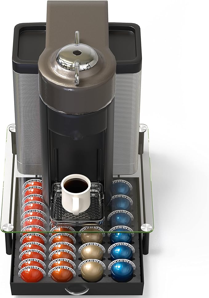 DecoBrothers Crystal Tempered Glass Vertuo Pod Holder Drawer, 24 Large or 48 Small Nespresso Capsule Organizer