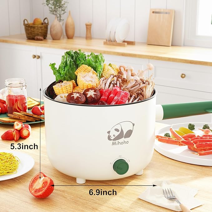 Electric Hot Pot with Steamer, Portable Nonstick Frying Pan with Dual Power Control, Electric Shabu Shabu Cooker for Noodle, Oatmeal, Pasta, Ramen, 1.5L (Green D)