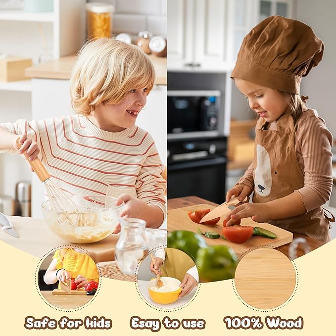 LUOLAO Wooden Kids Safe Knife and Kids Baking Set for Real Cooking, 6 PCS Toddler Montessori Kitchen Tools, Cooking and Baking for Little Chefs