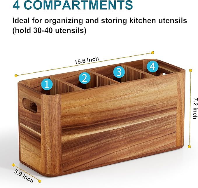 Utensil Holder for Kitchen Counter, Extra Large Utensil Holder for Countertop with 4 Compartments Wooden Cooking Utensil Organizer for Spatula Kitchen Storage, Acacia Wood