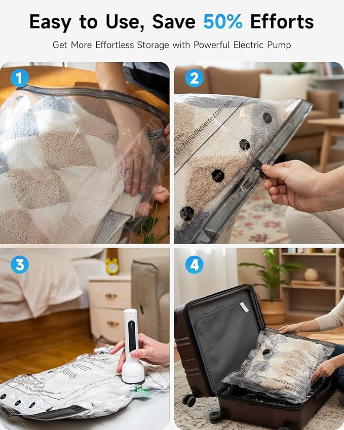 12 Pack Travel Vacuum Seal Bags with Rechargeable Electric Pump, 4 Sizes Space Saver Vacuum Storage Bags for Luggage, Suitcase & Home Organization, Reuseable Vacuum Seal Bags for Clothing