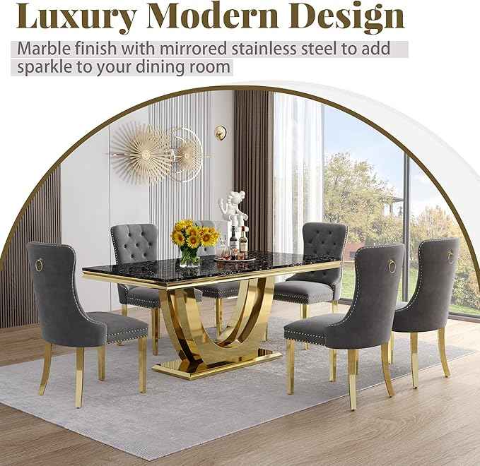 Marble Dining Table Set for 6,70" Black Faux Marble Kitchen Tables and Velvet Chairs for 6,7 Piece Luxury Dining Room Table Set and 6 Upholstered Chairs with Gold Stainless Steel Bases