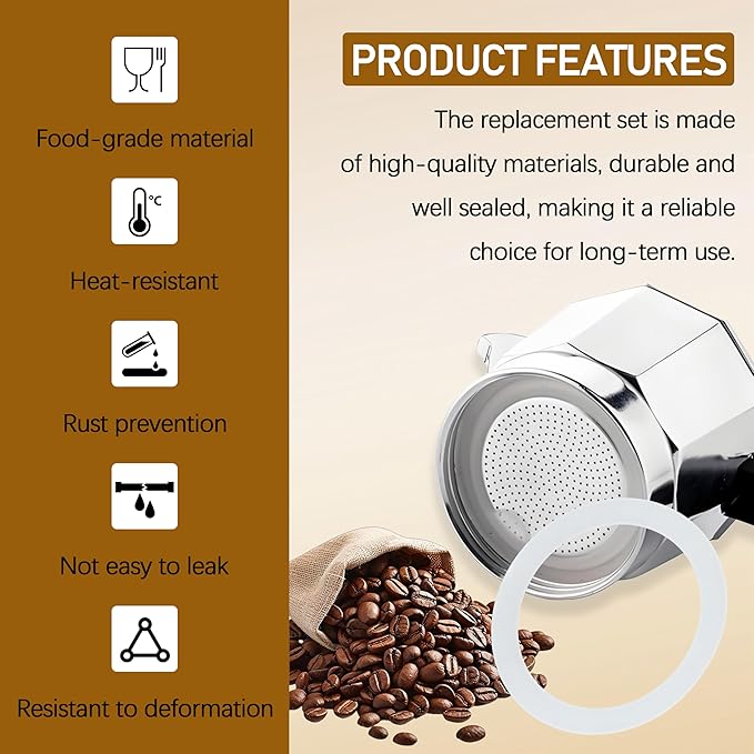 Silicone Sealing Ring AluminumReplacement Filter 9 Cup For Stove Top Espresso Maker Replacement Filler Parts Set Includes 1 Filter and 3 Upgraded Silicone Rings