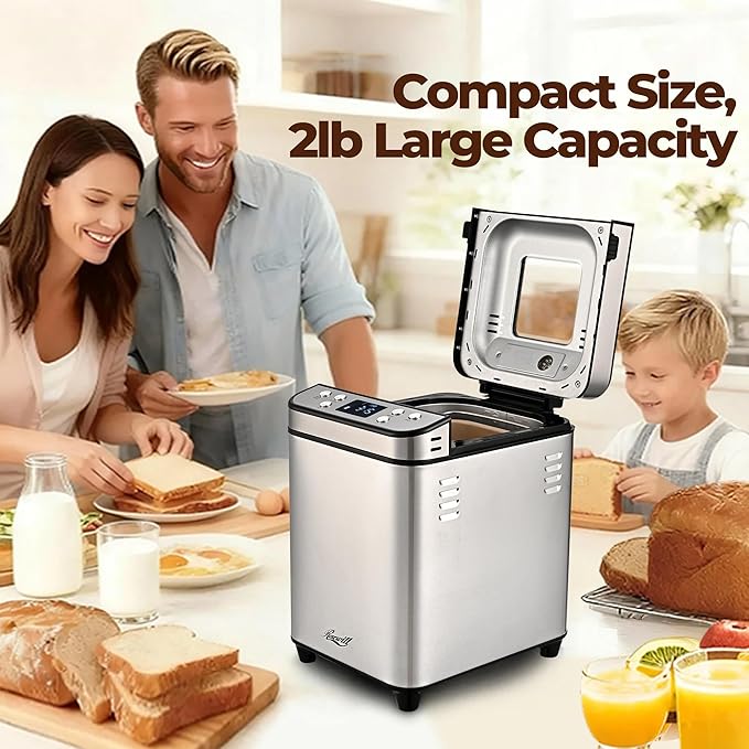 Rosewill 25-in-1 Automatic Bread Maker Machine with 3 Loaf Size up to 2 Lb, 700W High Power Dual Heater Bread Maker with BPA-free Nonstick Coating Pan, Max 15 Hours Delay Timer, Low Noise - Silver
