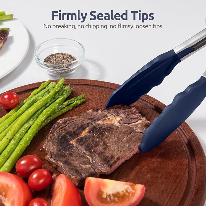 480ºF Heat Proof Kitchen Tong: U-Taste 7" Silicone Cooking Tong with Firm Sealed Non Stick Rubber Tips & Silicon Coated 18/8 Stainless Steel Handle & Smooth Locking for Serving Salad (Midnight Blue)
