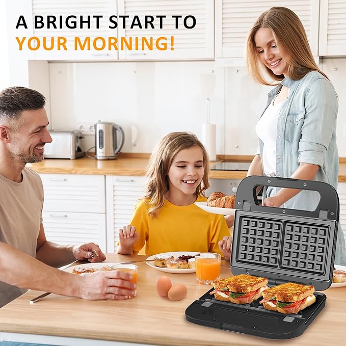 3 in 1 Electric Sandwich Maker, Panini Press Grill and Waffle Iron Set, Grill and Sandwich Press with Removable Non-Stick Plates, Indicator Lights & Cool Touch Handle, 750W, Black