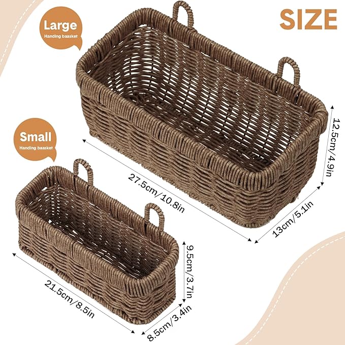 Tioncy 2 Pcs Woven Hanging Wall Baskets for Storage Boho Style Hanging Storage Plastic Woven Baskets with 4 Hooks for Kitchen Garden Living Room