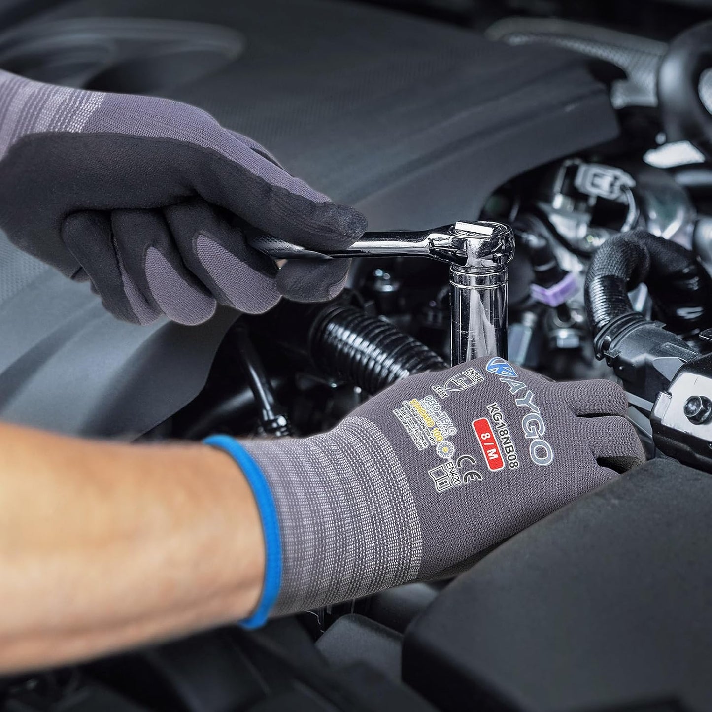 KAYGO Safety Work Gloves MicroFoam Nitrile Coated-3 Pairs, KG18NB,Seamless Knit Nylon Glove with Black Micro-Foam Nitrile Grip,Ideal for General Purpose,Automotive,Home Improvement,Red XX-Large