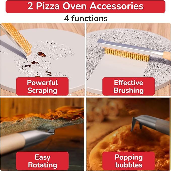 Senwosa Pizza Oven & Stone Brush with Scraper, Turning Fork & Bubble Popper Bundle - Essential Accessories & Tools for Any Pizza Oven