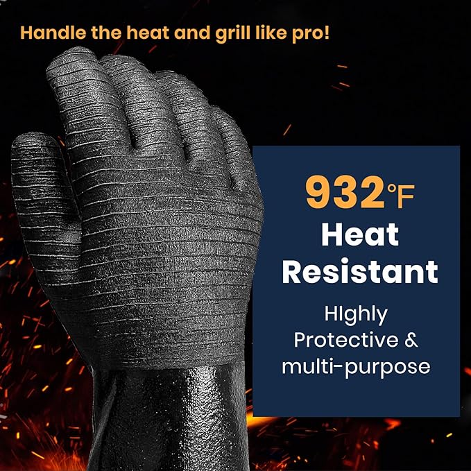 GEEKHOM 18-Inch Heat Resistant BBQ Gloves 932°F Waterproof Long Sleeve Cooking Gloves, Non-Slip Silicone Grip Grill Gloves for Grilling, Smoker, Oven, and Kitchen Use