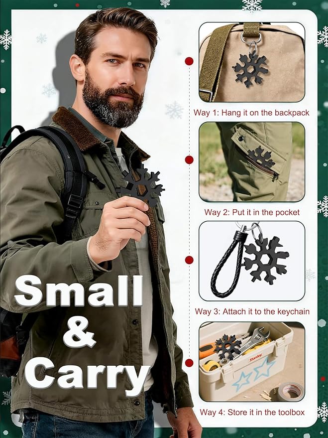 18-in-1 Snowflake Multi Tool – Stainless Steel with Bottle Opener & Wrench,Compact EDC Tool for Camping,Fishing,Hiking, Stocking Stuffers,Gifts for Men,Dad,Husband (Black)