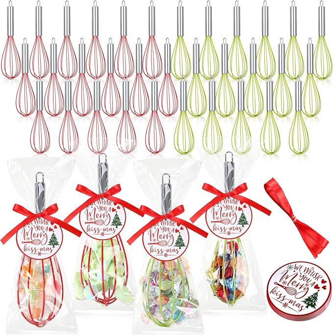 100 Sets 8 Inch Christmas Whisks Gifts DIY Fillable Christmas Tree Ornaments Xmas Colored Silicone Whisks for Cooking Heat Resistant Egg Beaters with Card Rope Bag for Candy Holder