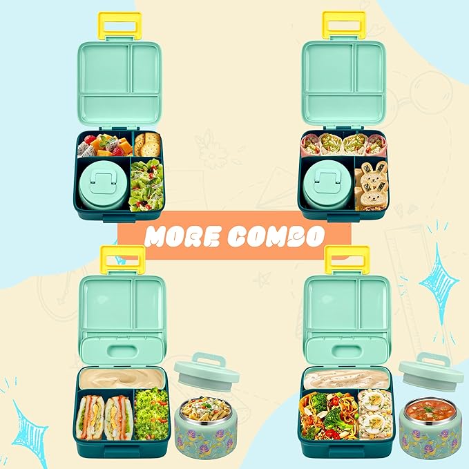 Bento Lunch Box for Kids with 8oz Soup Thermo Leak-Proof Lunch Food Containers with Snack Sauce Container for Kid Toddler Girls Boys to School (Yellow Mermaid)