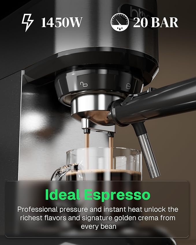 HBN 20 Bar Espresso Machine with Milk Frother, Compact Espresso Maker for Ground Coffee, Stainless Steel Coffee Machine with Steam Wand & 34oz Removable Water Tank, 1450W for Home & Office
