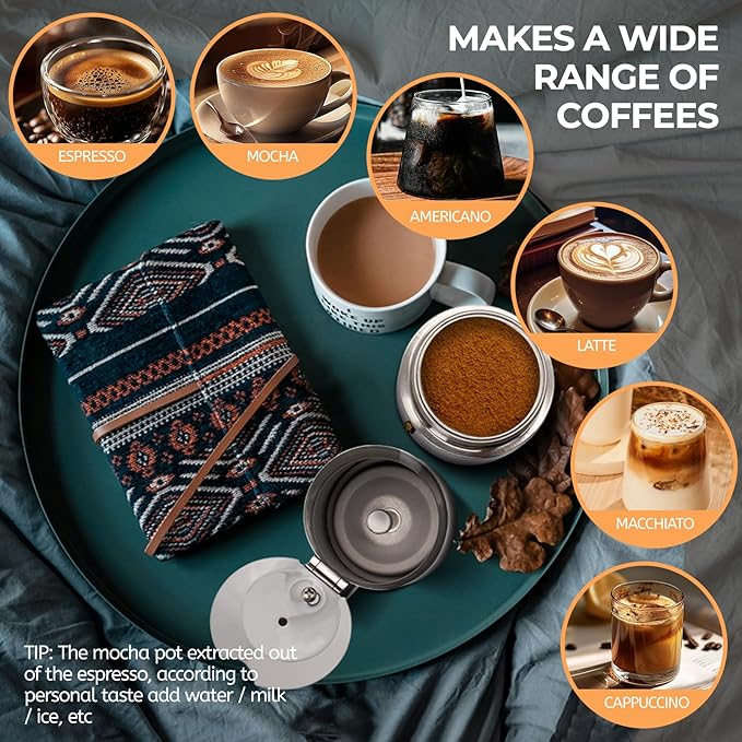 6 Cup 300ml Moka Pot Stainless Steel Espresso Coffee Maker Stovetop Coffeemaker Italian Classic Style Brewing Greca Cafe Mocha Machine for Cafeteras Lover Camping Travel and Home Use 10oz