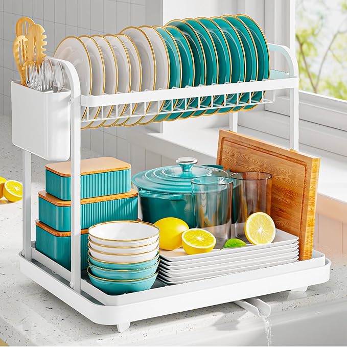 Sakugi 2-Tier Dish Drying Rack - Stainless Steel Dish Rack with Cutlery & Utensil Holders for Kitchen Counter, Sink Organization and Storage for Small Family, 15" W x 11.4" L x 15" H, White