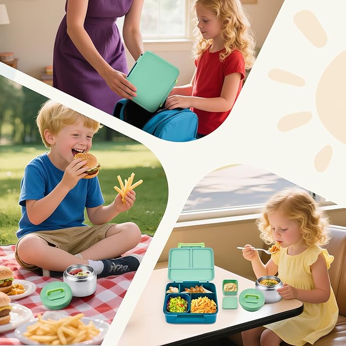 Bento Lunch Box for Kids with 8oz Soup Thermo Leak-Proof Lunch Food Containers with Snack Sauce Container for Kid Girls Boys to School, Green