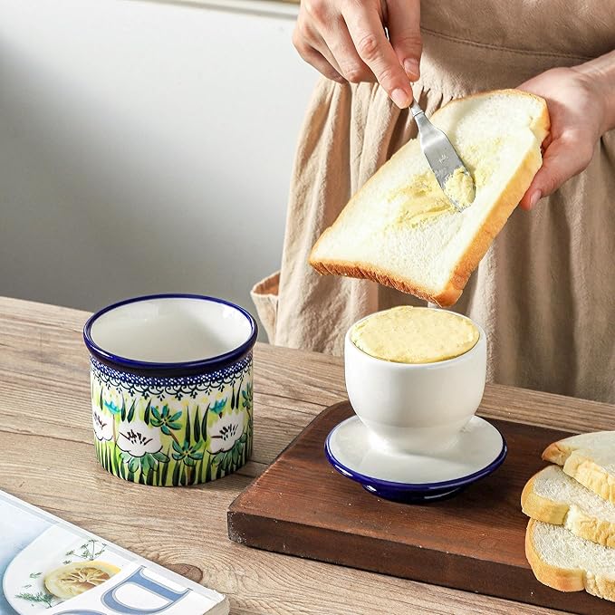 French Butter Crock with Lid for Countertop,Handpainted Floral Butter Keeper with Water Seal Line, Farmhouse Ceramic Butter Container Airtight for Soft Spreadable Butter,Housewarming Gifts