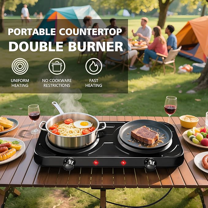 2200W Electric Hot Plate, Electric Cooktop with 2 Burner, Cast Iron Portable Burner Stove, Portable Electric Countertop Burner, Compact Double Burners for Cooking(white)
