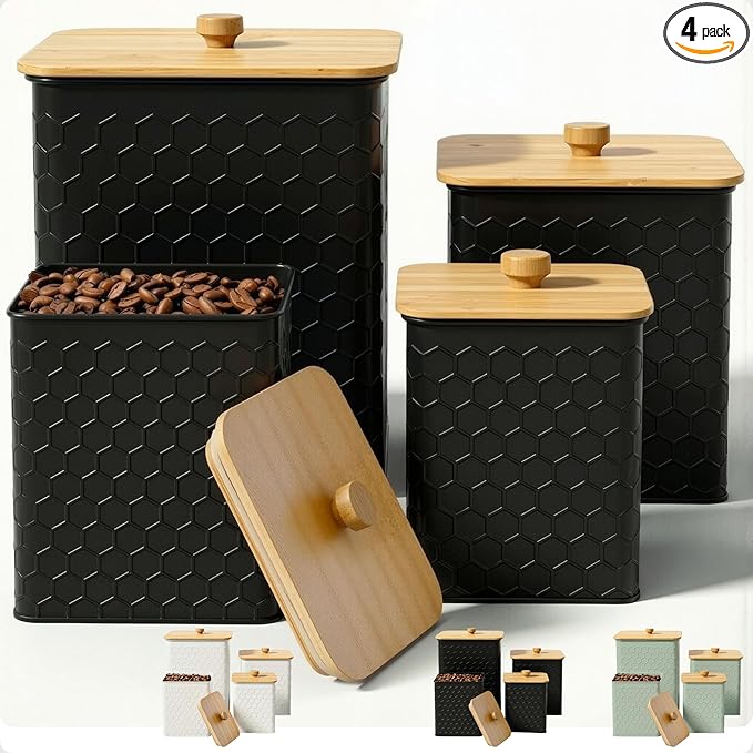 Kitchen Canisters for Countertop Set of 4 - Textured Iron Kitchen Canisters with Airtight Lids - Flour Sugar Canister Set - Flour and Sugar Containers Farmhouse - Coffee Jar for Counter - Black Jar x4