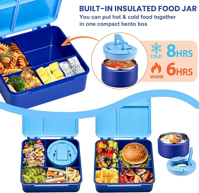 Bento Lunch Box for Kids with 8oz Soup Thermo,Kids Leakproof Lunch Food Containers with 4 Compartment,Kid Insulated Thermo Hot Food Jar for School,Trvael-Blue