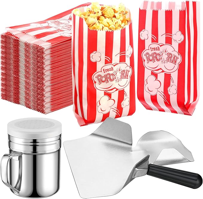 Potchen 502 Pieces Popcorn Machine Supplies Set Includes 500 Pcs 1oz Red and White Popcorn Bags Bundle Scoop and Stainless Steel Seasoning Dredge Salt Shaker for Party Movie Night Theater(Burst)