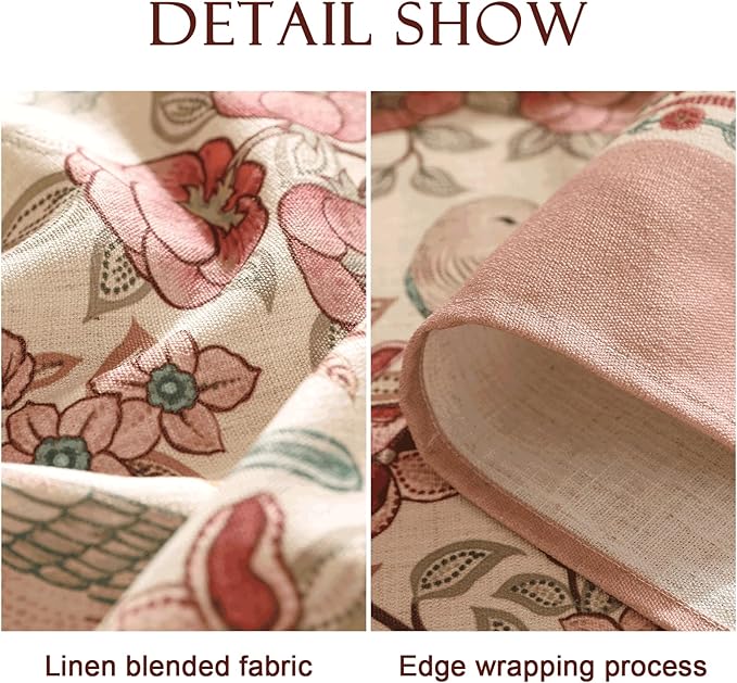 patdrea Designer Pink Linen Table Cloth for Rectangle Table,Vintage Floral with Birds Pattern Decorative Tablcloth,French Table Cover for Kitchen Dining,Thanksgiving,Christmas,63"x94"-Kulom a