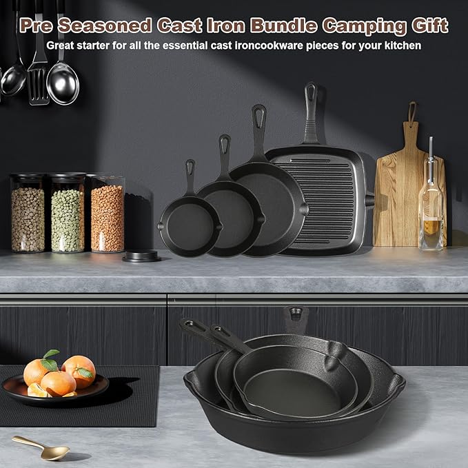 Pre-Seasoned Cast Iron skillets,4 Piece Durable Pots and Pans Set with Handle Covers for Grill, BBQ, Camping Fire, Stovetop, Kitchen and Camping Cookware