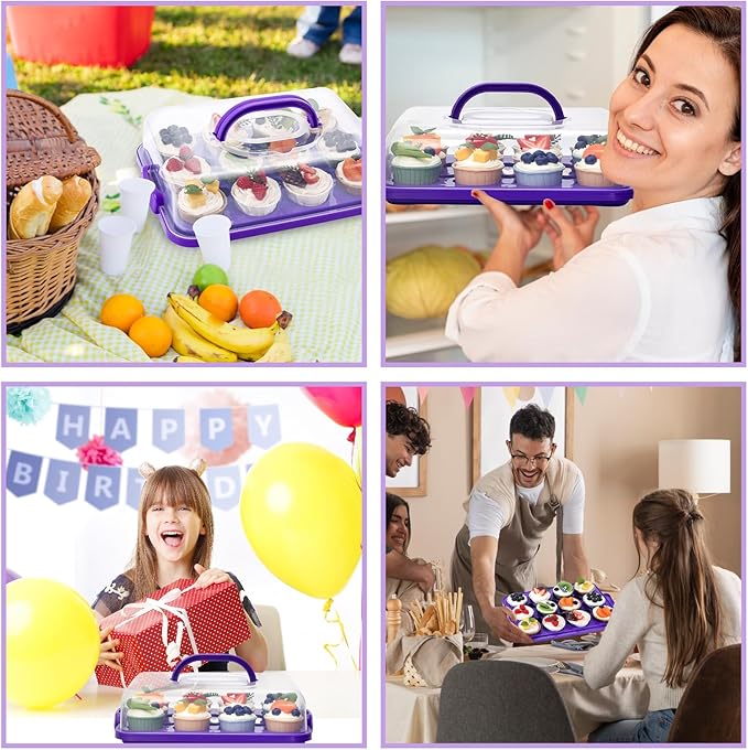 VGOODALL Cupcake Carrier, Rectangle Cake Plate with Lid, 12 Capacity Cup Cake Portable Container Dessert Holder with Handle for Family Picnics and Party Events, 2-in-1 Design, Purple