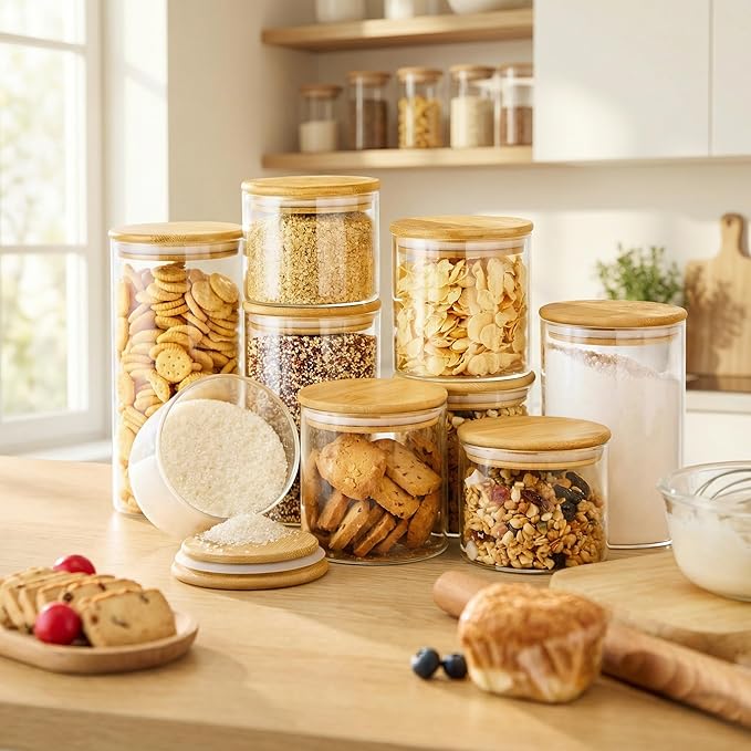 HomArtist Glass Jars with Bamboo Lids 53 FL OZ [Set of 4], Glass Canisters with Airtight Lids, Glass Food Storage Containers for Pasta, Oats, Coffee, Flour, Sugar, Rice, Best for Kitchen & Pantry