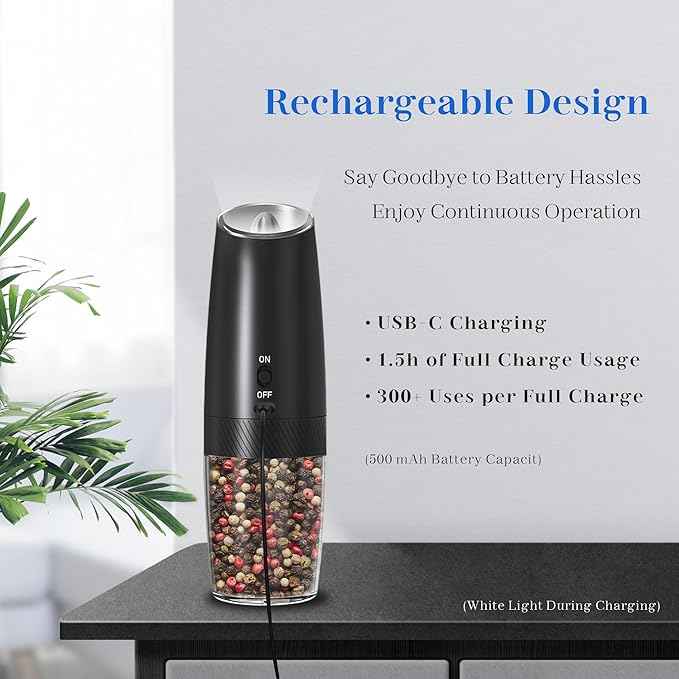 Rechargeable Salt And Pepper Grinder Set, Gravity Electric Salt And Pepper Grinder Set Electric, Salt And Pepper Shakers Set Electric, Adjustable Coarseness, LED Light, (Black+Black)