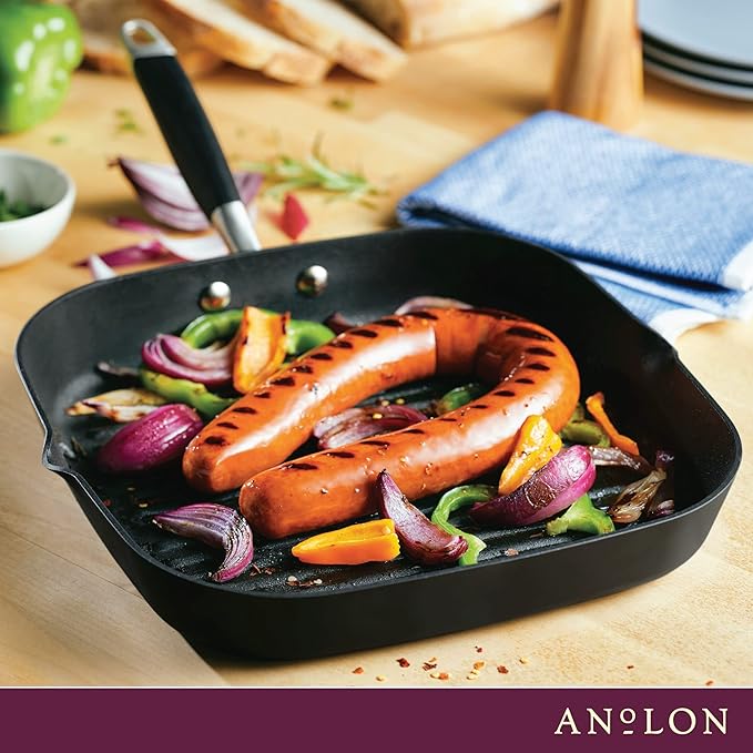 Anolon Advanced Home Hard Anodized Nonstick Deep Square Grill/Griddle Pan with Pour Spouts, 11 Inch, Onyx