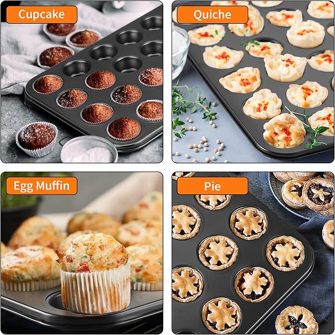 TeamFar 2 Pack Mini Muffin Pan, 24-Cup Non-Stick Carbon Steel Cupcake Tray Tin for Baking, Small Cup Cake Bakeware for Bite-Sized Cheesecake Tart Quiches, Even Baking & Effortless Release & Easy Clean